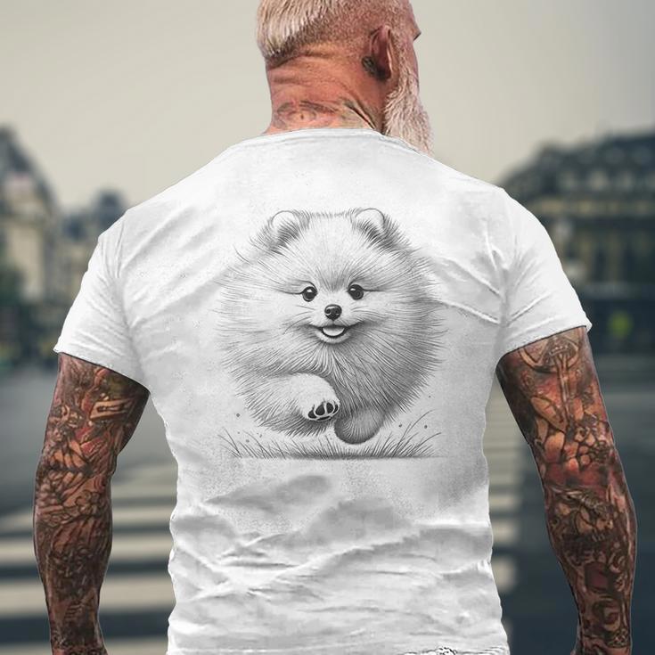 ポメラニアンポンポン犬のランニングデザインのアイデア メンズTシャツ バックプリント 高齢者への贈り物