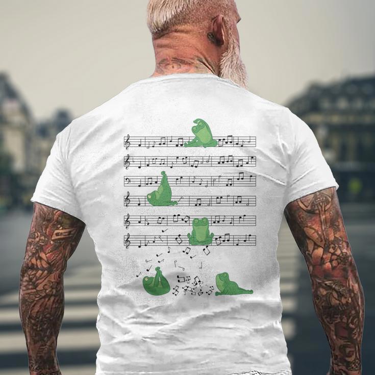 ヨガをしているかわいいカエル 音符 音記号 ミュージシャンアート 長袖tシャツ メンズTシャツ バックプリント 高齢者への贈り物