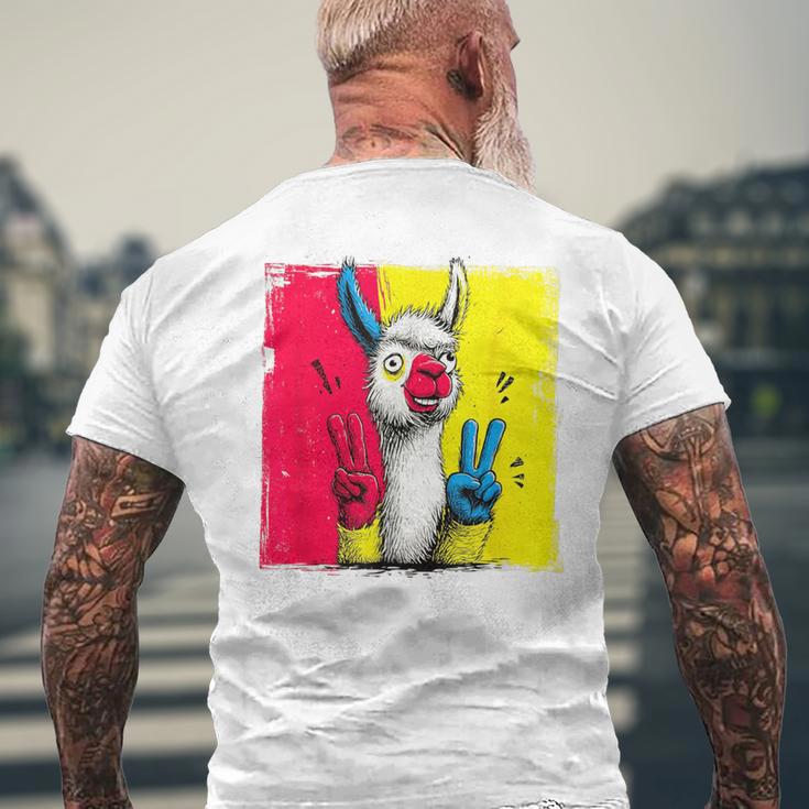 ラマ ダブルピース レトロ ポップ キャラクター グラフィック サイン ジェスチャー メンズTシャツ バックプリント 高齢者への贈り物