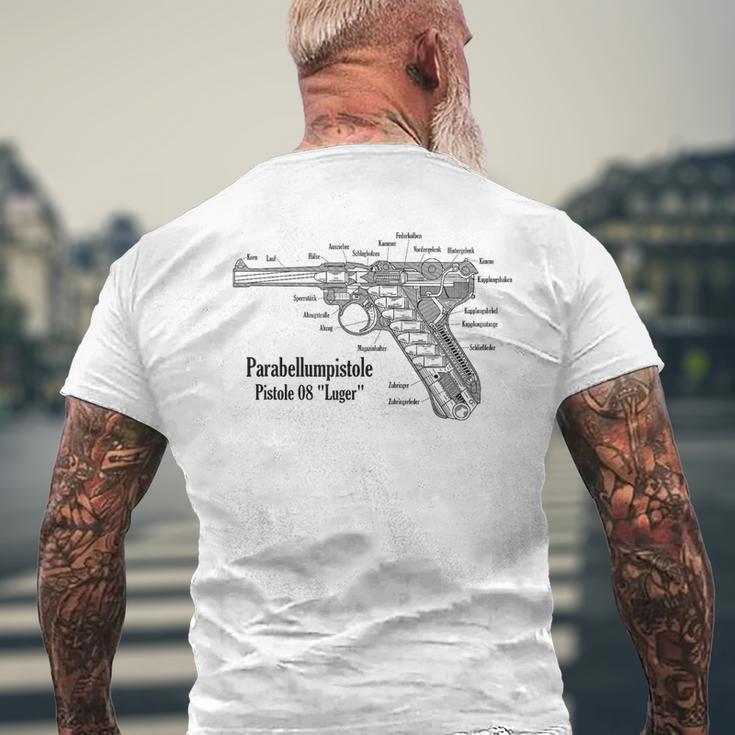 ルガーピストル Ww2 ドイツ軍 P08 断面図 メンズTシャツ バックプリント 高齢者への贈り物