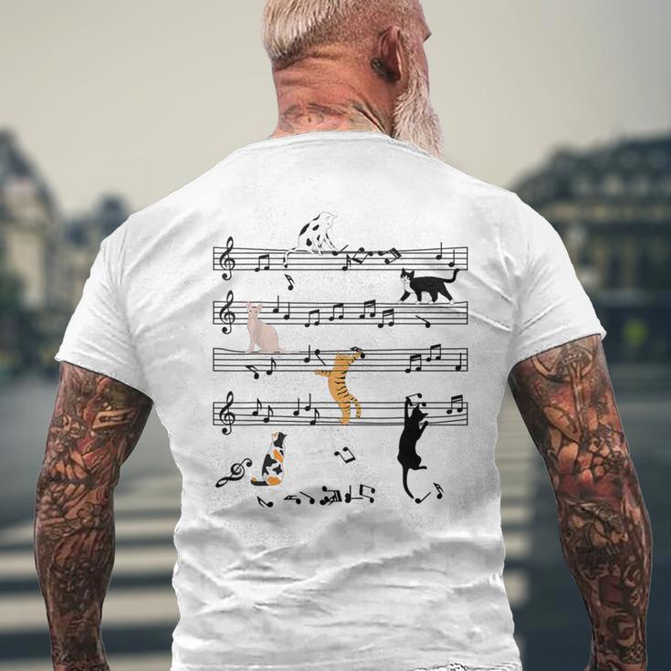 楽しい 猫 登る トランプ 楽譜 猫の音符 メンズTシャツ バックプリント 高齢者への贈り物
