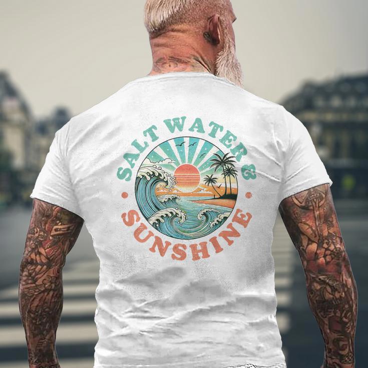 海水と日光 レトロ ビーチ 波 夕日 ヤシの木 メンズTシャツ バックプリント 高齢者への贈り物