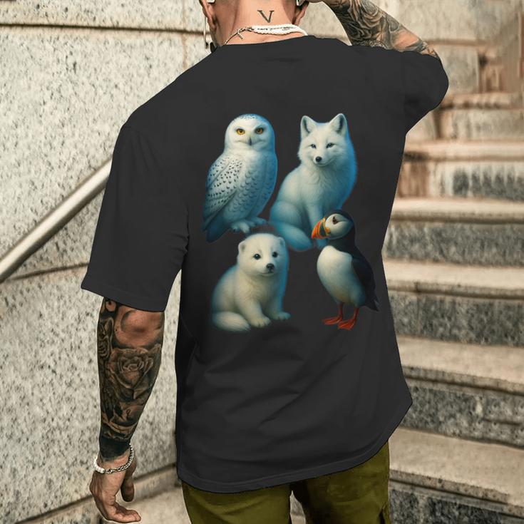Arctic Animals コラージュ シロフクロウ キツネアザラシ ツノメ メンズTシャツ バックプリント 彼への贈り物
