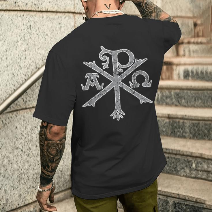 Chi Rho Christogram Alpha And Omegaアンティーク調 メンズTシャツ バックプリント 彼への贈り物