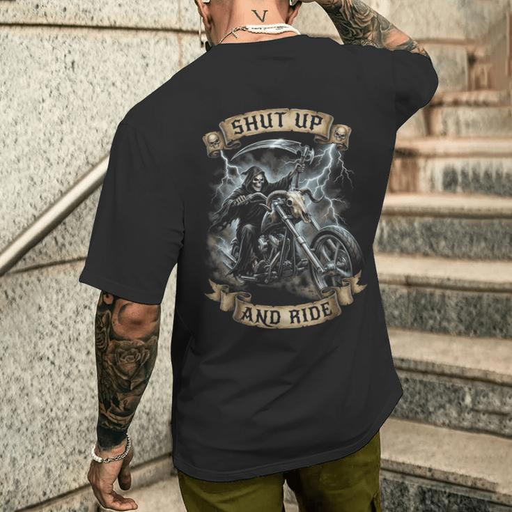 Grim Reaper オートバイ バイカー スケルトン シャット アップ アンド ライド メンズTシャツ バックプリント 彼への贈り物