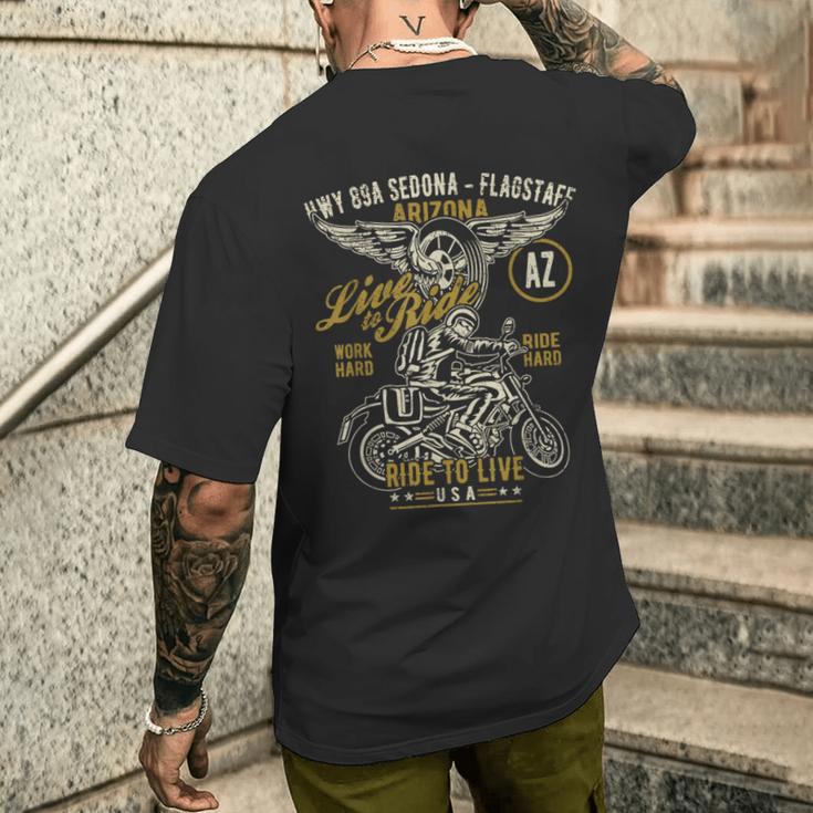 Hwy 89A セドナ フラッグスタッフ Azusa オートバイ アンティーク調デザイン メンズTシャツ バックプリント 彼への贈り物