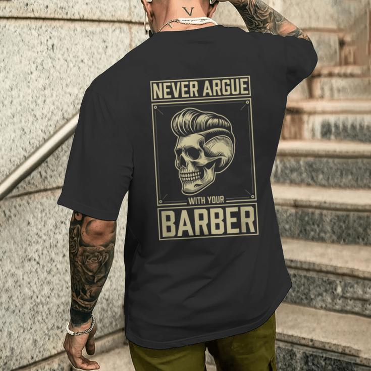 Skull Never Argue With Your Barber クラシック ヴィンテージ バーバー メンズTシャツ バックプリント 彼への贈り物