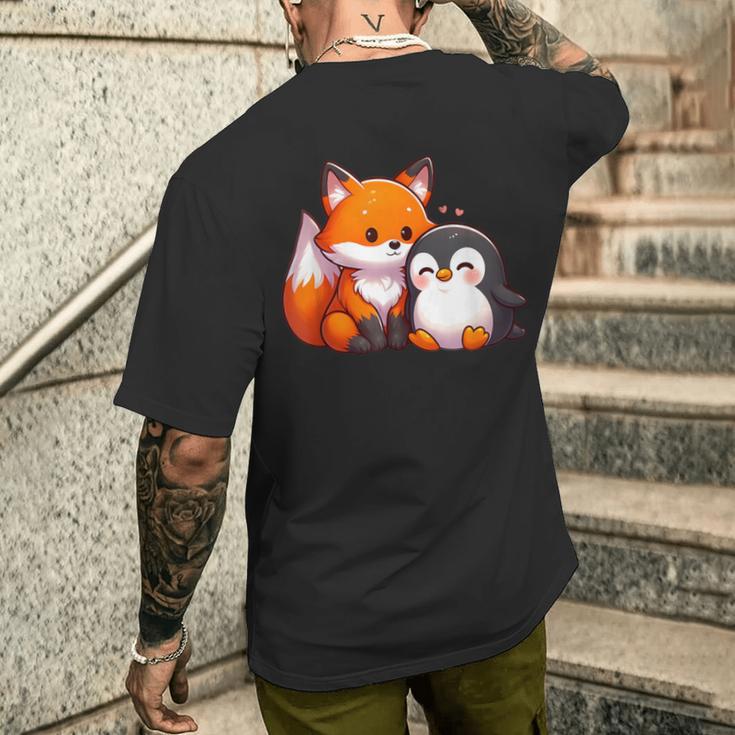 かわいいキツネとペンギンのデザイン メンズTシャツ バックプリント 彼への贈り物