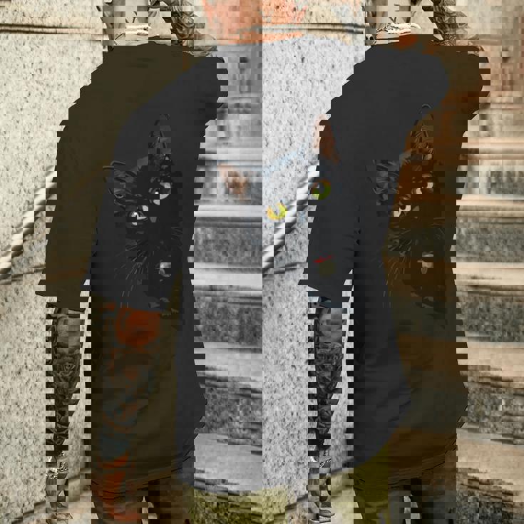 こっそり猫 物陰からじっと見つめる黒猫デザイン 長袖tシャツ メンズTシャツ バックプリント 彼への贈り物