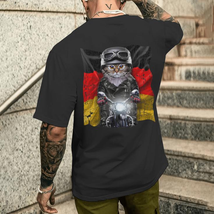 ぶち猫 ねこ バイク ドイツ メンズTシャツ バックプリント 彼への贈り物