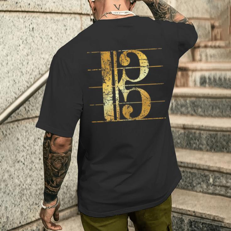 アルト音記号 ヴィンテージイエロー トロンボーン&ビオラミュージシャンズ メンズTシャツ バックプリント 彼への贈り物