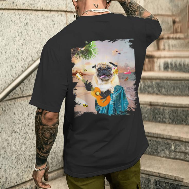 アロハ ハワイアン 犬 パグ ウクレレ ビーチ ファニー メンズTシャツ バックプリント 彼への贈り物