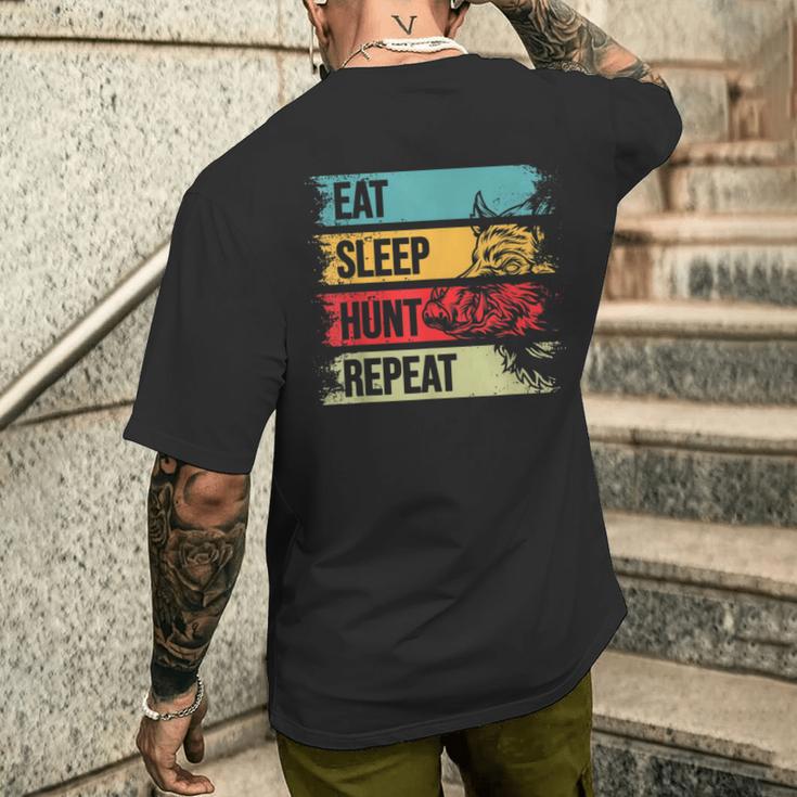 イノシシ ハンター 食べる スリープ ハント リピートハンティング メンズTシャツ バックプリント 彼への贈り物