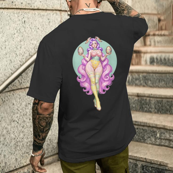 イースターエッグ ウサギ ヴィンテージ ピンナップ バニー スーツ ファンタジーガール メンズTシャツ バックプリント 彼への贈り物