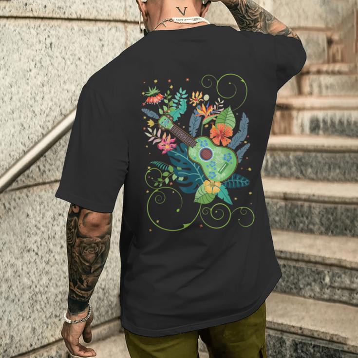 ウクレレミュージックフラワーズハワイ メンズTシャツ バックプリント 彼への贈り物