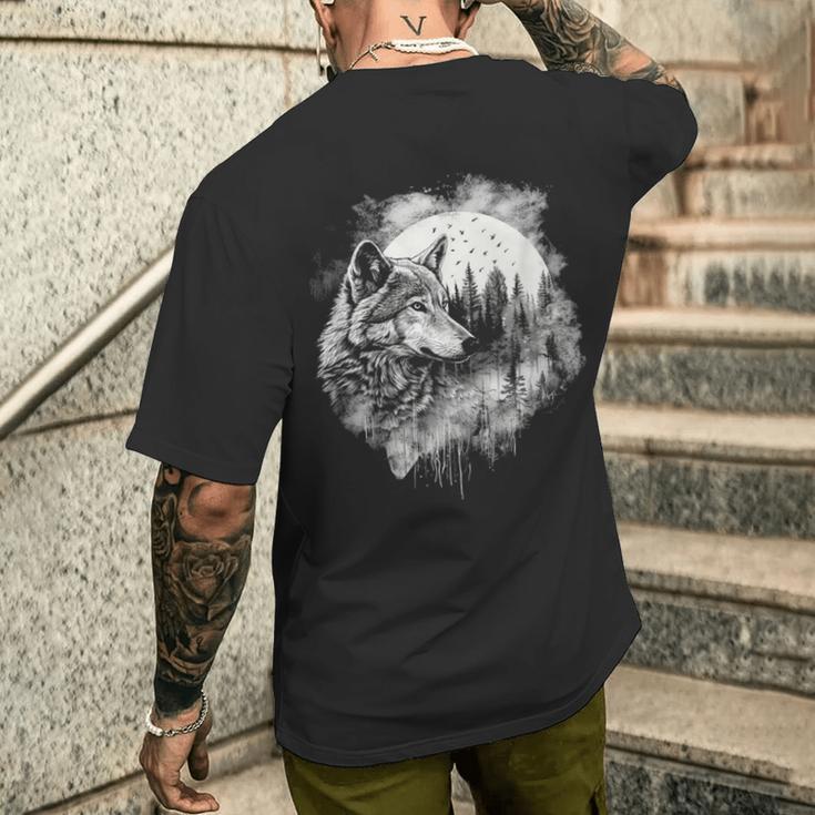 オオカミの絵 プリント 神秘的なオオカミの森 月 遠吠え メンズTシャツ バックプリント 彼への贈り物