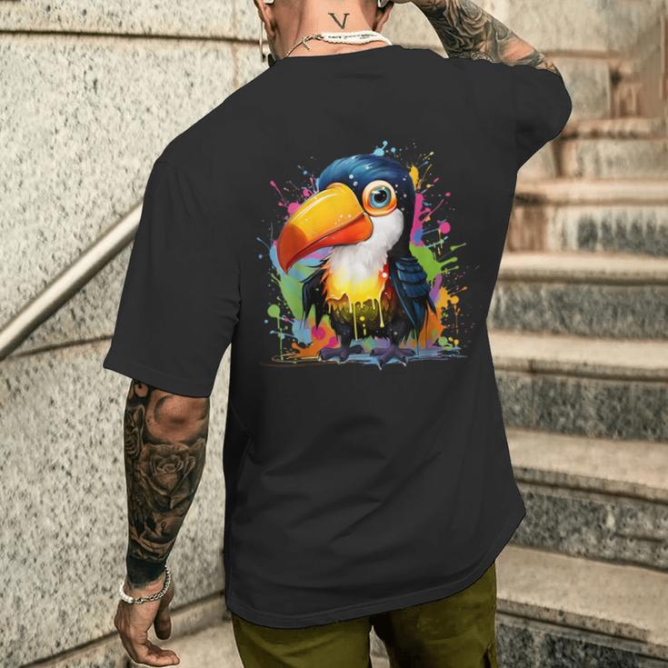 カラフルなペンキの飛沫を持つ小さなオオハシ メンズTシャツ バックプリント 彼への贈り物