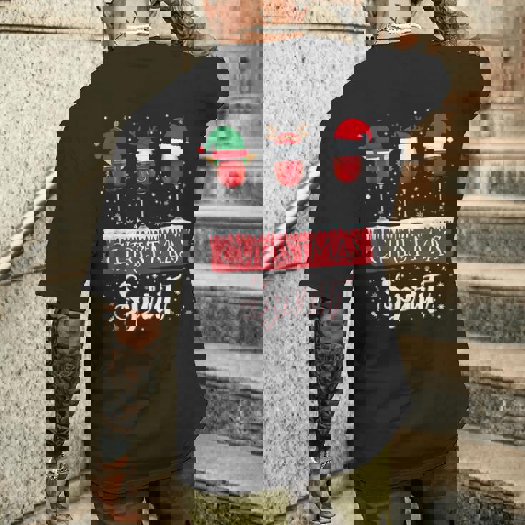 クリスマススピリット 赤ワイングラス サンタクロース エルフ トナカイ メンズTシャツ バックプリント 彼への贈り物