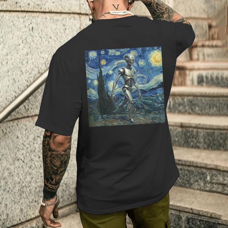 ゴッホ 星月夜 未来アート 面白い ロボット ウォーキング メンズTシャツ バックプリント 彼への贈り物