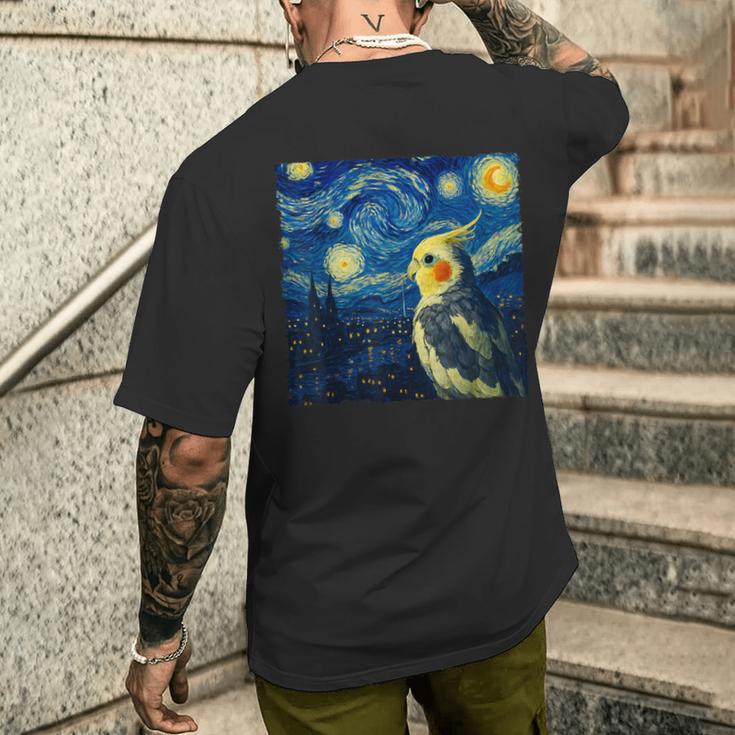 ゴッホの星空を見つめるかわいいオカメインコ 星月夜 メンズTシャツ バックプリント 彼への贈り物