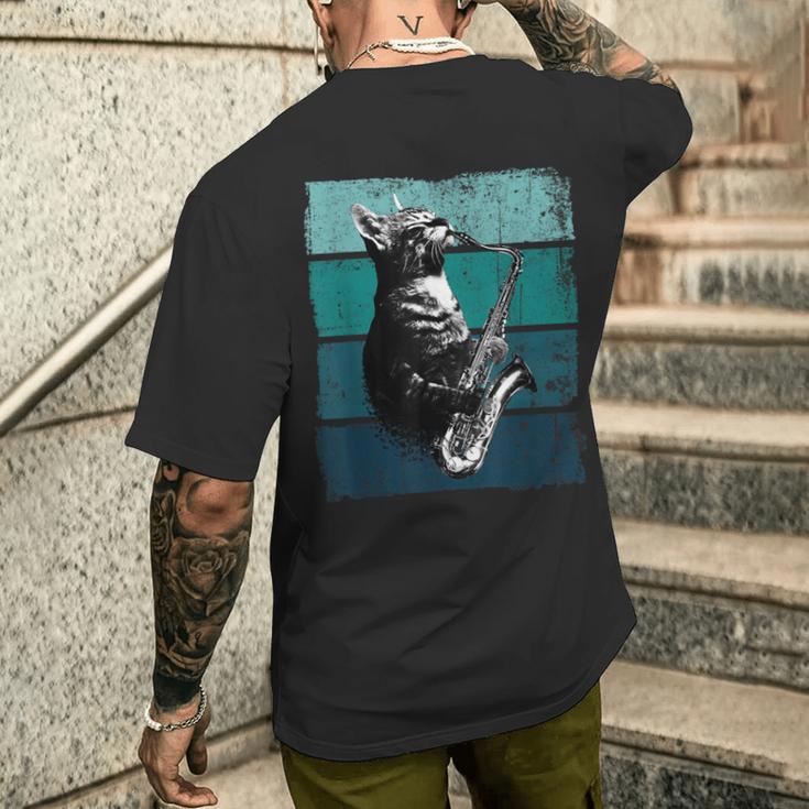 サックスを奏でる猫 ヴィンテージ 猫 ジャズ サックス 音楽 サックス メンズTシャツ バックプリント 彼への贈り物