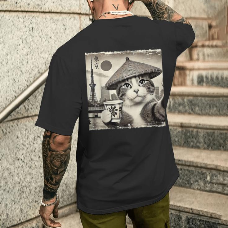 サムライ 猫 すすり茶 東京タワー 和 メンズTシャツ バックプリント 彼への贈り物