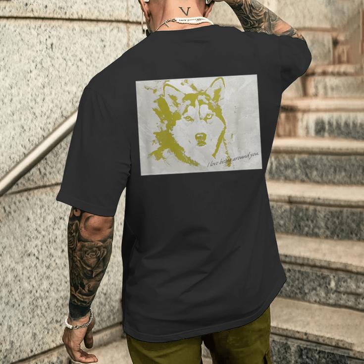 シベリアン ハスキーiberian Husky 愛犬 犬 雑貨 グッズ 人間用 愛犬家 犬好き メンズTシャツ バックプリント 彼への贈り物