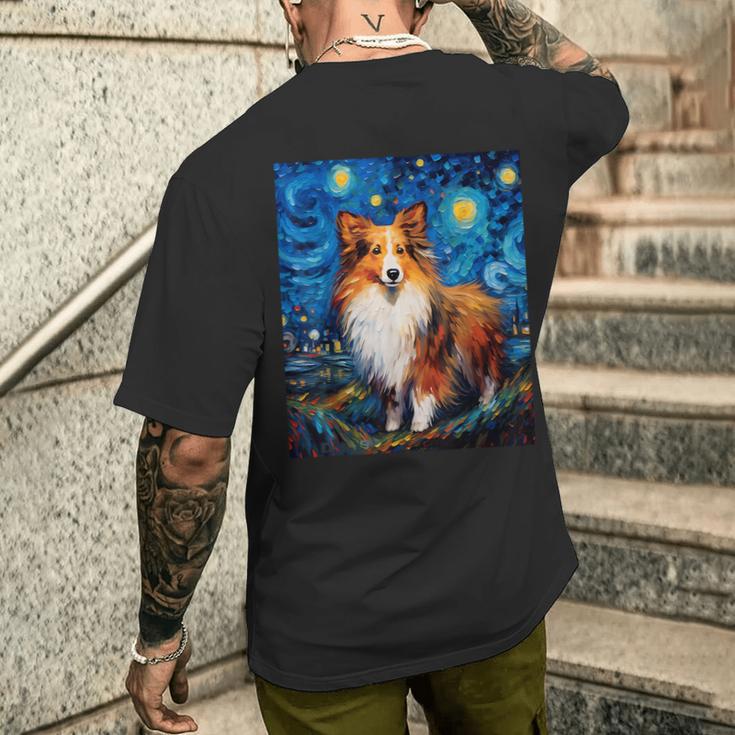 シュールな星月夜シェルティドッグ メンズTシャツ バックプリント 彼への贈り物