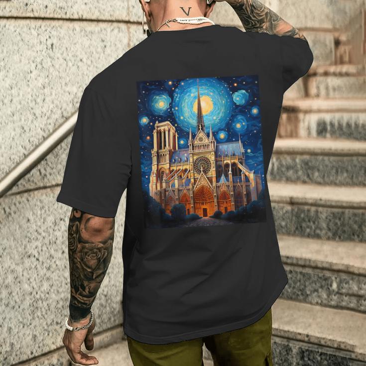 シュールレアリスム 星月夜 ノートルダム大聖堂 メンズTシャツ バックプリント 彼への贈り物