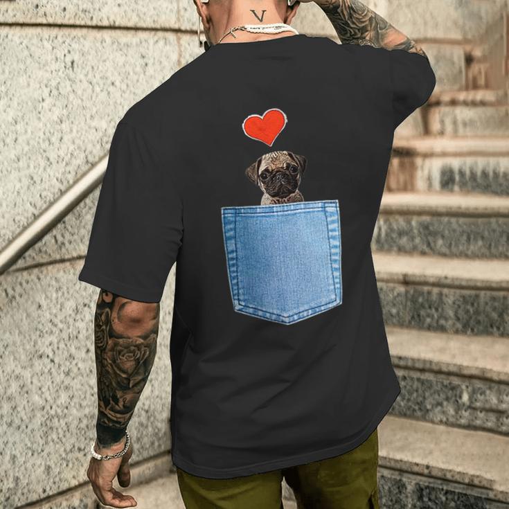 ジーンズポケット付きシャツ パグ犬とハート犬のモチーフ メンズTシャツ バックプリント 彼への贈り物