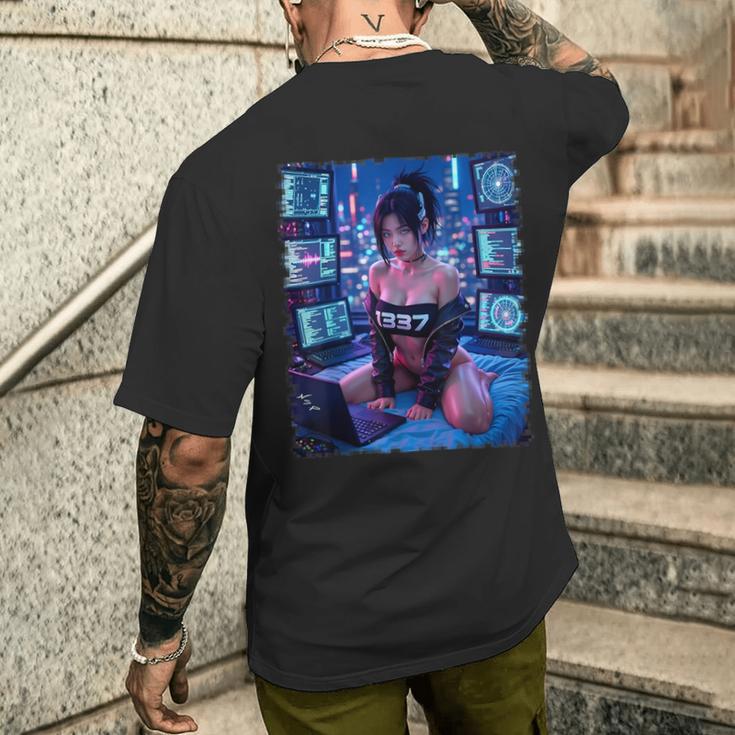セクシーガールグラフィックtシャツ 1337 サイバーパンク ハッカーガール メンズTシャツ バックプリント 彼への贈り物
