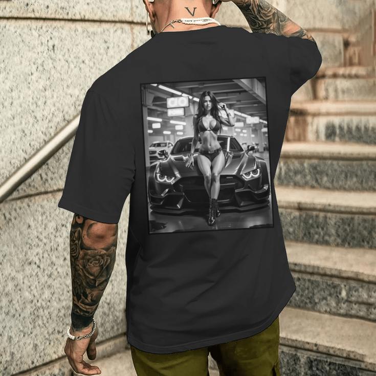 セクシーガールグラフィックtシャツ セクシーピンナップモデル&エキゾチックカーb&W 長袖tシャツ メンズTシャツ バックプリント 彼への贈り物