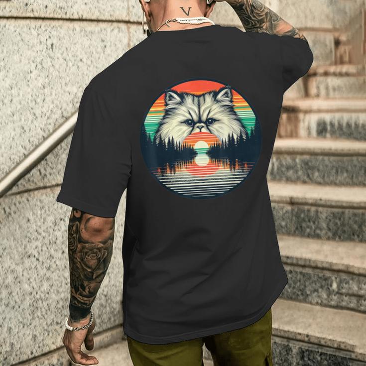 チンチラ ペルシャ猫 夕日 レトロスタイル ヴィンテージ 80年代 70年代 メンズTシャツ バックプリント 彼への贈り物