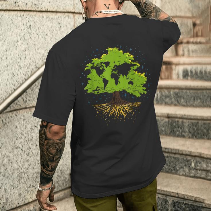 ツリー世界地図自然愛好家アーボリスト庭師 メンズTシャツ バックプリント 彼への贈り物