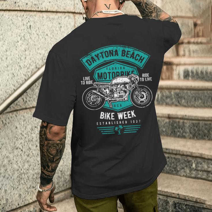 デイトナビーチ フロリダ アンティーク調オートバイデザイン メンズTシャツ バックプリント 彼への贈り物