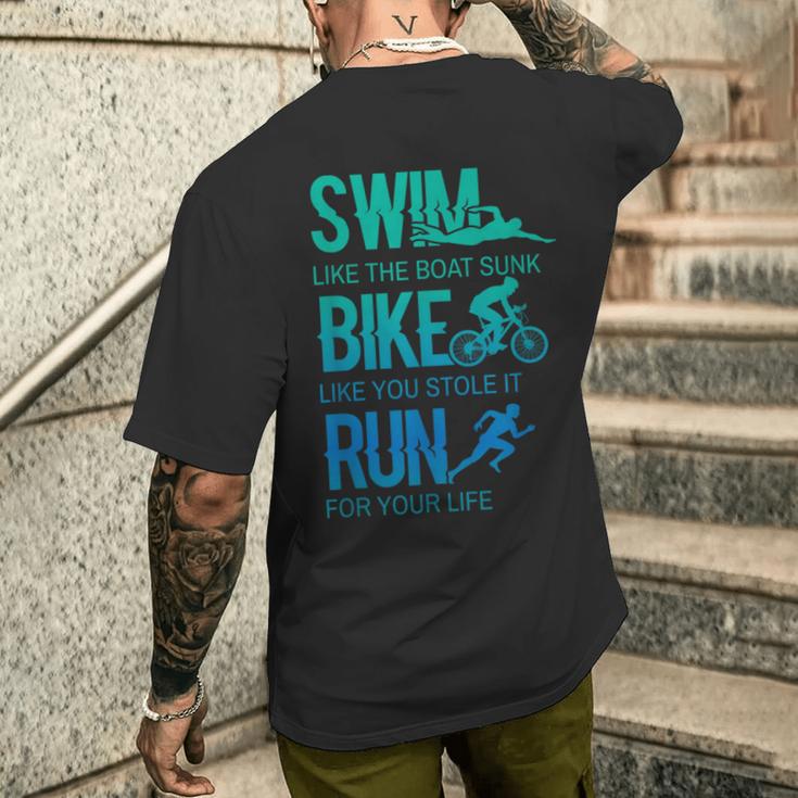 トライアスロン ギフト 水泳 バイク ラン トライアスレット トレーニング アスリート メンズTシャツ バックプリント 彼への贈り物