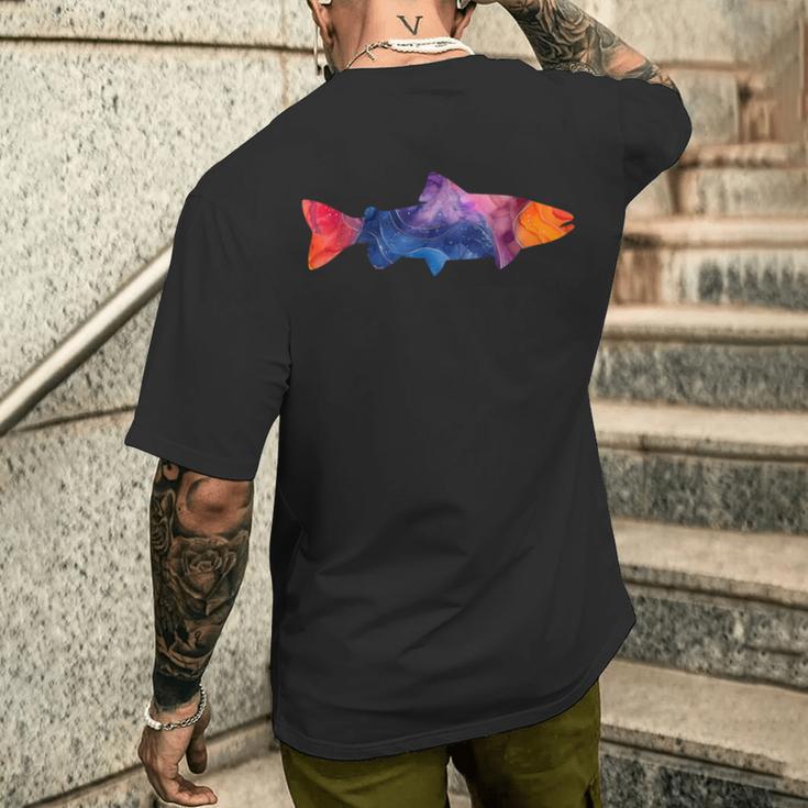 トラウトフィッシュのシルエット アートな水彩画 メンズTシャツ バックプリント 彼への贈り物