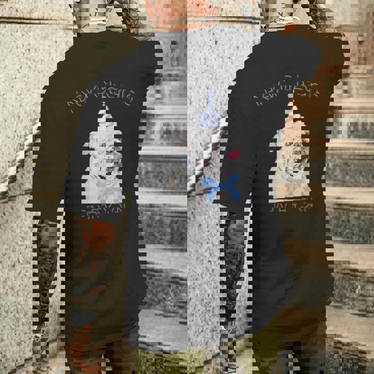 ニューオーリンズ 面白い犬の着用パーティーハット付き メンズTシャツ バックプリント 彼への贈り物