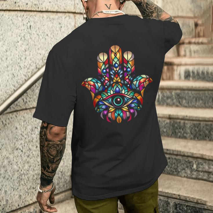 ハムサ カムサ シンボル ステンドグラス アートスタイル クリスマス メンズTシャツ バックプリント 彼への贈り物