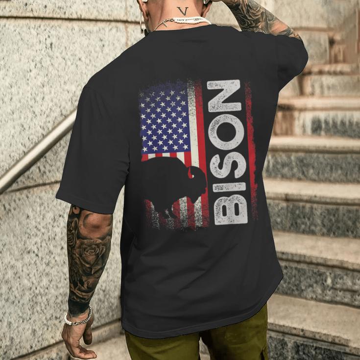 ハンティング アメリカンバイソン クリエイティブ ユーズド加工 アメリカ国旗 ハンター メンズTシャツ バックプリント 彼への贈り物