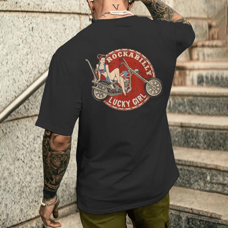 バイク ピンナップガール オールドスクール ロカビリー ラッキーガール メンズTシャツ バックプリント 彼への贈り物