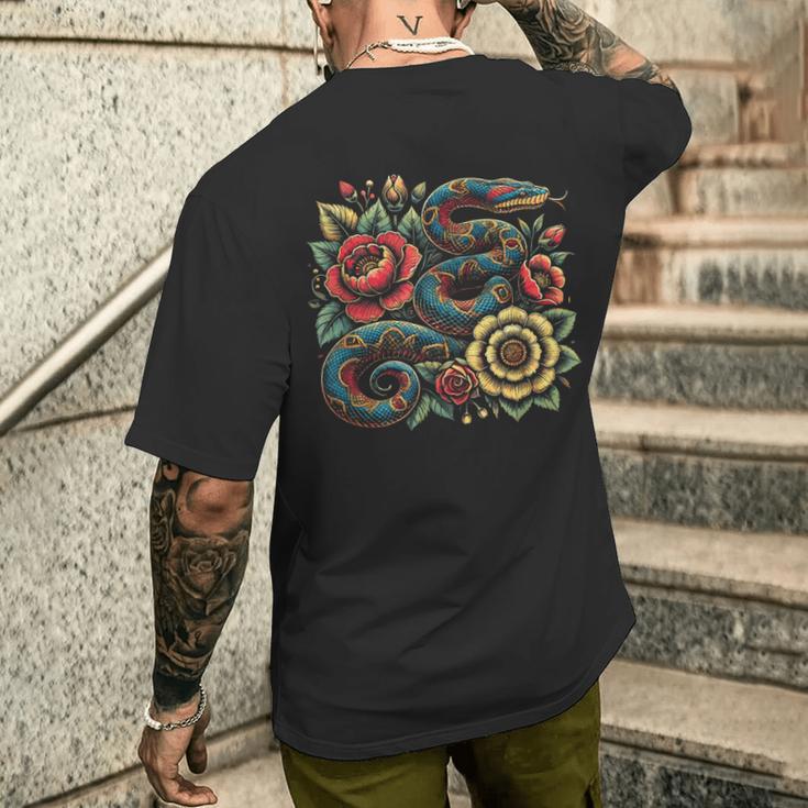 パイソン ヘビ フローラル ボール パイソン タトゥーフラワー メンズTシャツ バックプリント 彼への贈り物