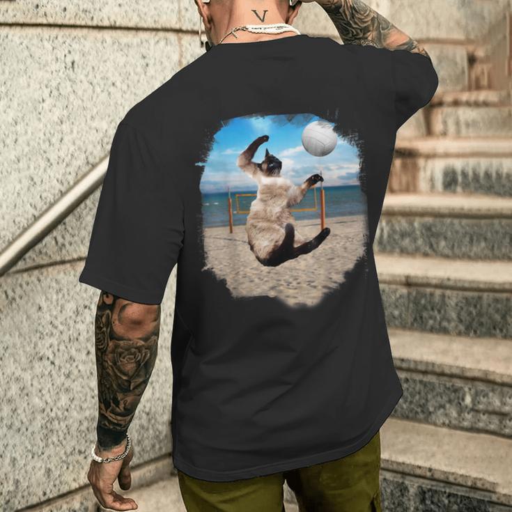 ビーチバレーボールをするシャム猫 メンズTシャツ バックプリント 彼への贈り物