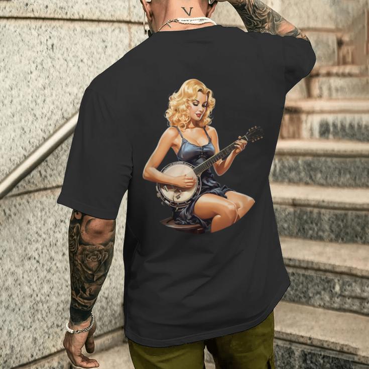 ピンナップガール 演奏 バンジョー ブルーグラス ミュージシャン ヴィンテージ メンズTシャツ バックプリント 彼への贈り物