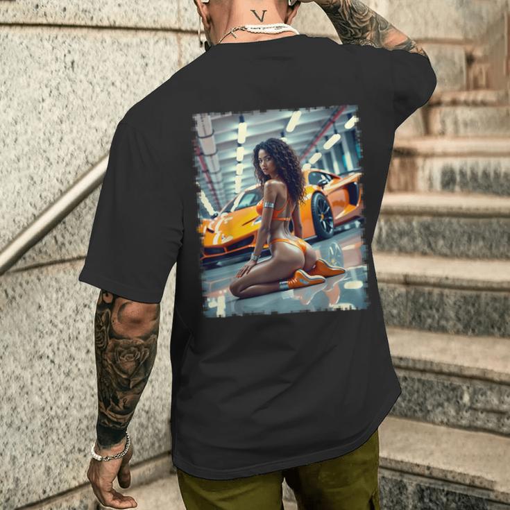 ピンナップガールtシャツ 男性用 ブラックピンナップガール&エキゾチックカー メンズTシャツ バックプリント 彼への贈り物