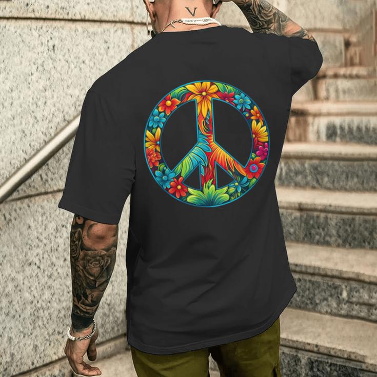 ピースマーク レトロフラワーデザイン ピースサイン メンズTシャツ バックプリント 彼への贈り物