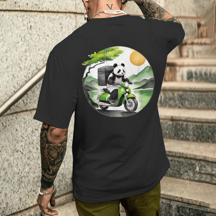 フードデリバリー パンダ おもしろ デリバリースタッフ 配達員 出前 和風 動物 メンズTシャツ バックプリント 彼への贈り物