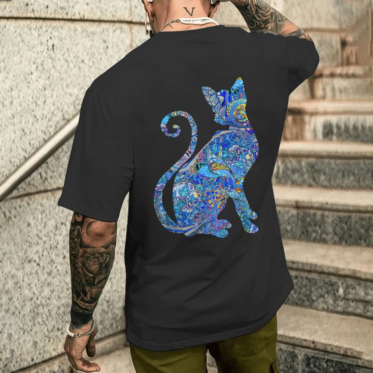 ブルー ペイズリーキャット メンズTシャツ バックプリント 彼への贈り物