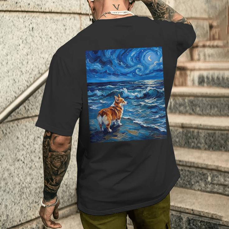 ペンブローク ウェールズ コーギー 犬 星月夜 ビーチ アートワーク メンズTシャツ バックプリント 彼への贈り物