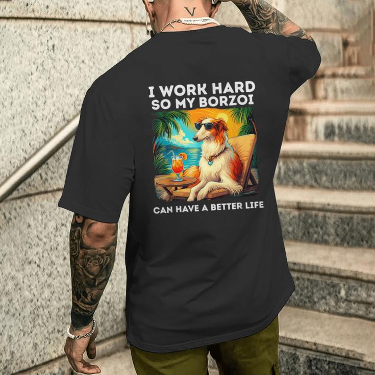 ボルゾイ・ラヴァー・アイ・ワーク・ハード・デザイン・ファニー・ボルゾイ・ドッグ メンズTシャツ バックプリント 彼への贈り物